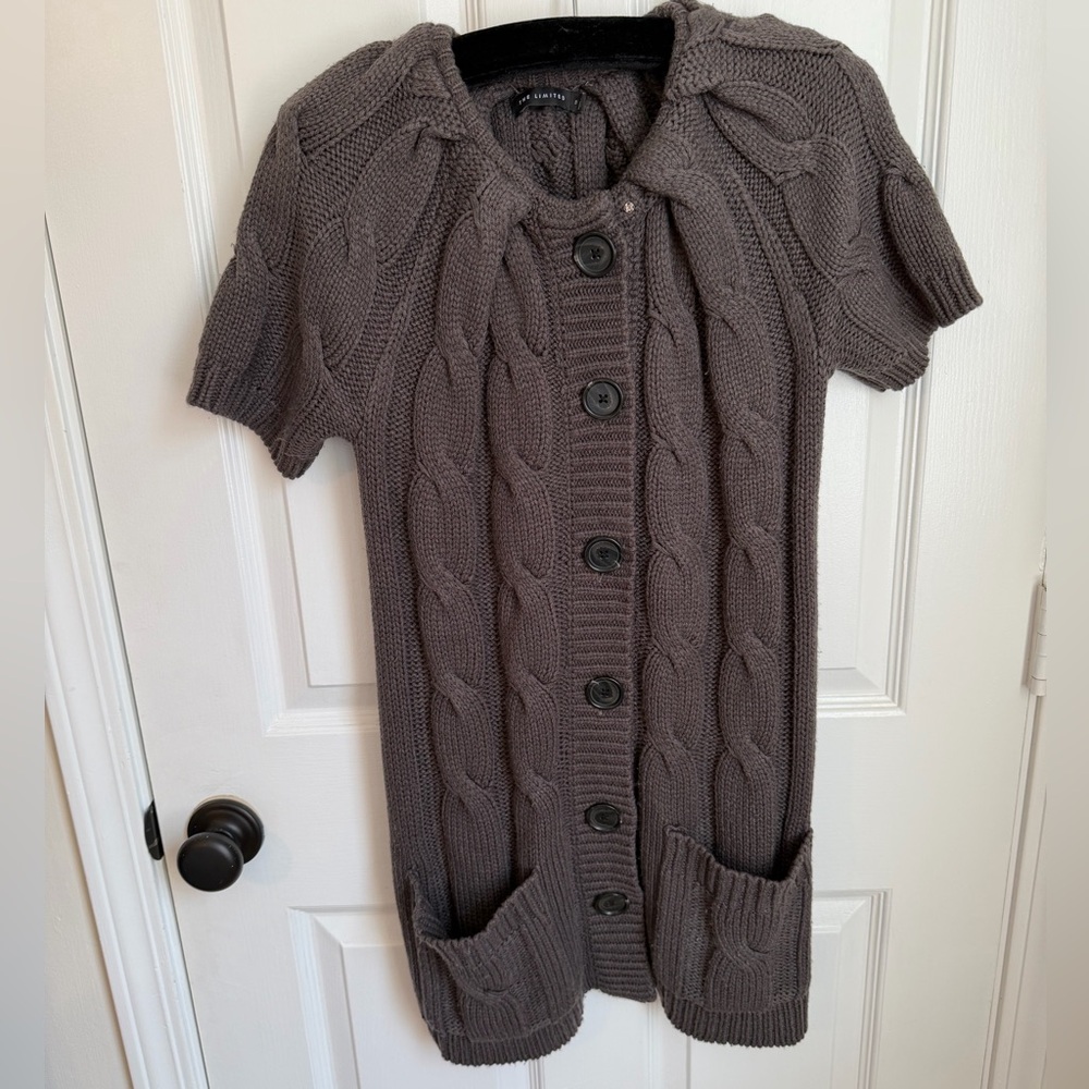 The Limited Cable Knit Cardigan Long Length Charcoal Gray Short Sleeve Small